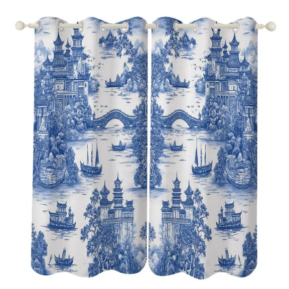 Willow Pattern Cobalt Blue Window Blackout Curtain 3d Printed Curtain Bedroom Living Room Hotel Window 2 Panel Shade