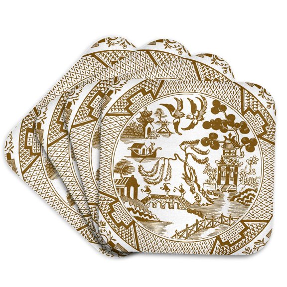 3drose, Willow Pattern Detail in Brown and White, Set of 4 Coasters - Soft
