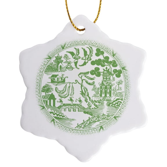 3drose, Willow Pattern Detail in Jade Green and White, 3 inch Snowflake Porcelain Ornament