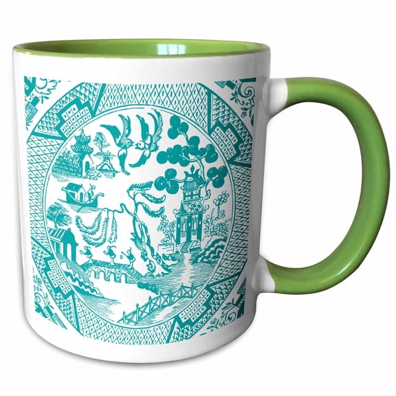 3drose, Willow Pattern Detail in Teal and White, 15oz Two-tone Green Mug