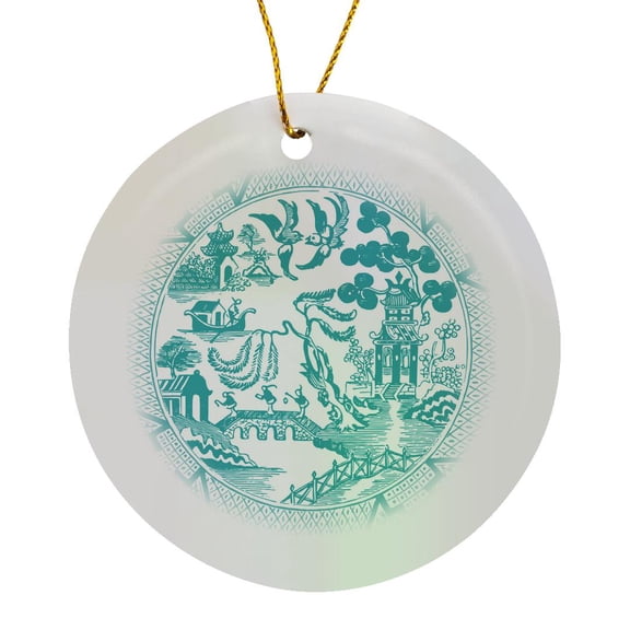 3drose, Willow Pattern Detail in Teal and White, Circle Porcelain Ornament