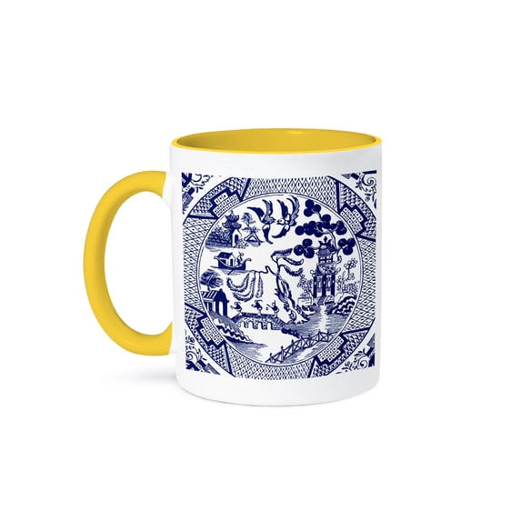 3dRose, Willow Pattern Detail in Blue and White, 15oz Two-Tone Yellow Mug