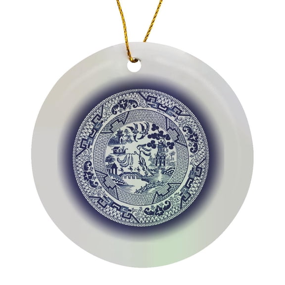 3drose, Willow Pattern in Delft Blue and White, Circle Porcelain Ornament