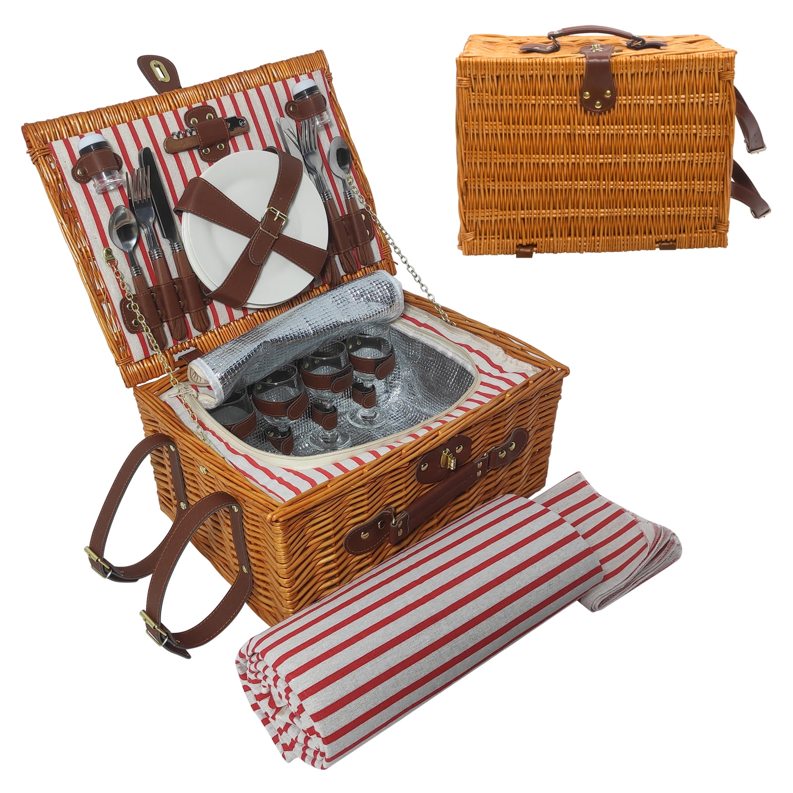 Willow Picnic Basket for 4 Persons with Insulated Compartment, Picnic Basket Sets with Utensils Cutlery Perfect for Valentine Day Wedding, Wicker Hamper for Outdoor Patio Lawn Garden Picnic & Camping