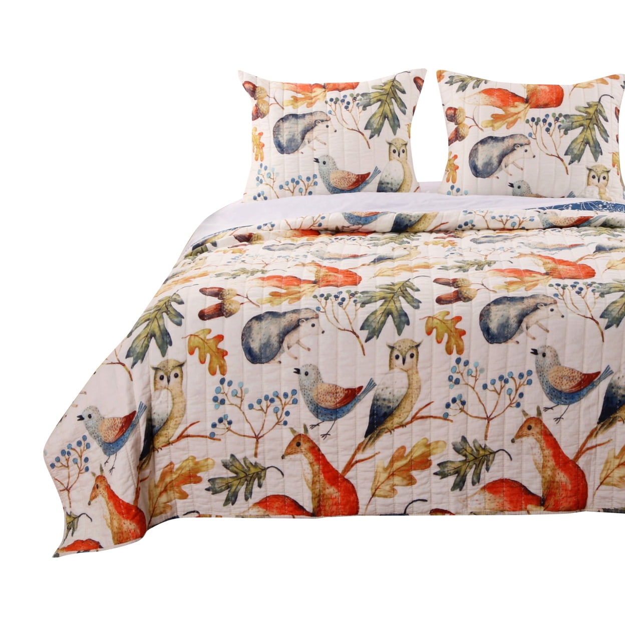 King Size Blue and Multicolor Microfiber Reversible Quilt Set