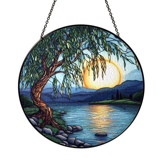 Willow River Window Hanging Decor, Stained Glass Style Nature Landscape Suncatcher, Decorative Glass Panel for Windows