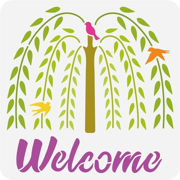 Willow Stencil for Painting 11.8x11.8 inch Reusable Bird Tree Paterrn Stencil Welcome Stencil Country Primitive Willow Tree Folk Art Stencil for Painting on Wood Wall Furniture colorful