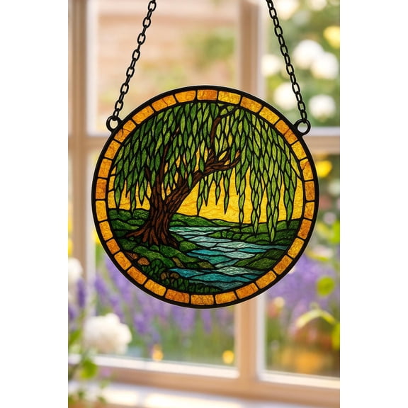 Willow Tree Acrylic Suncatcher Nature Landscape River Sunset Peaceful Boho Art Window Hanging Decor Ornament
