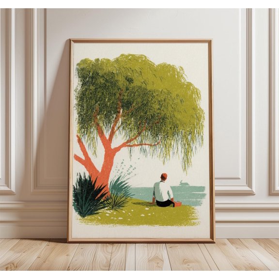 Willow Tree Art Print Mid Century Landscape Wall Decor Green Orange Poster