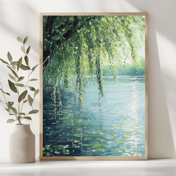 Willow Tree By The River Wall Art Tranquil Nature Landscape Green Water Reflection For Calm Home Decor Print Poster, Poster Only
