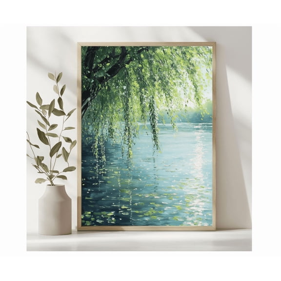 Willow Tree By The River Wall Art Tranquil Nature Landscape Green Water Reflection For Calm Home Decor Print Poster