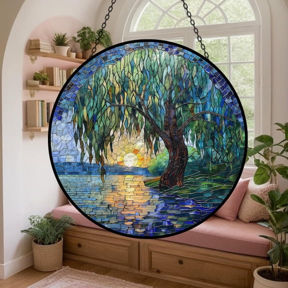 Willow Tree Glass Suncatcher, Sunset Landscape Window Garden Decoration Natural Botanical Keepsake, 3.5 in