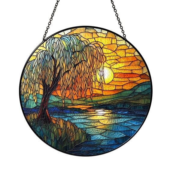 Willow Tree Glass Suncatcher for Window Decor, Graceful Botanical Light Catcher Hanging Ornament, Calming Home Accent Gift
