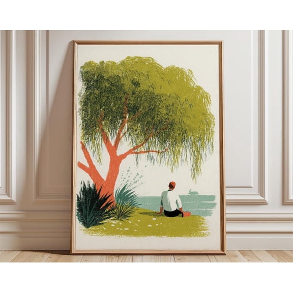 Willow Tree Green Orange Wall Art Print, Unframed Paper Poster 8x10in
