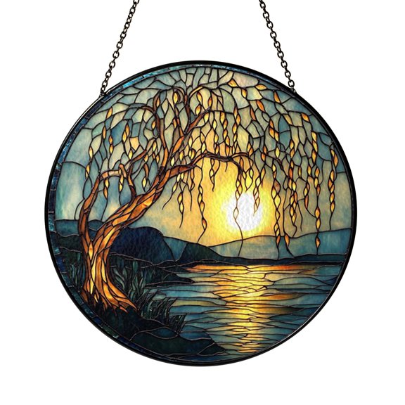 Willow Tree Landscape Glass Style Suncatcher – Decorative Window Art