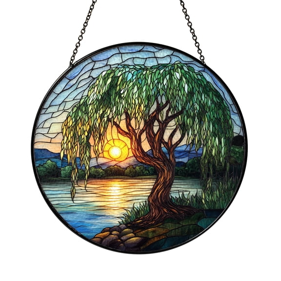 Willow Tree Landscape Glass Suncatcher, Decorative Window Hanging Nature Art