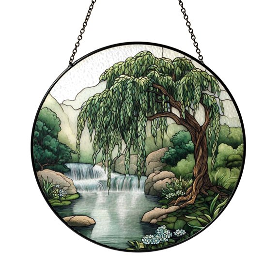 Willow Tree Landscape Stained Glass Style Suncatcher Window Art, Peaceful Nature Home Decor