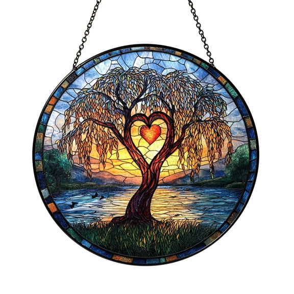 Willow Tree Landscape Stained Glass Style Suncatcher Window Decor, Botanical Nature Art Design, Decorative Glass Style Window Hanging for Scenic Home Interior