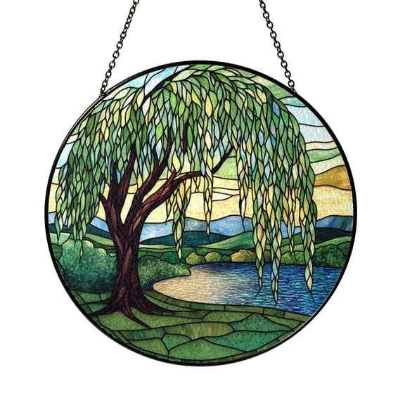 Willow Tree Landscape Stained Glass Style Suncatcher Window Decor, Round Nature Glass Hanging Ornament for Home