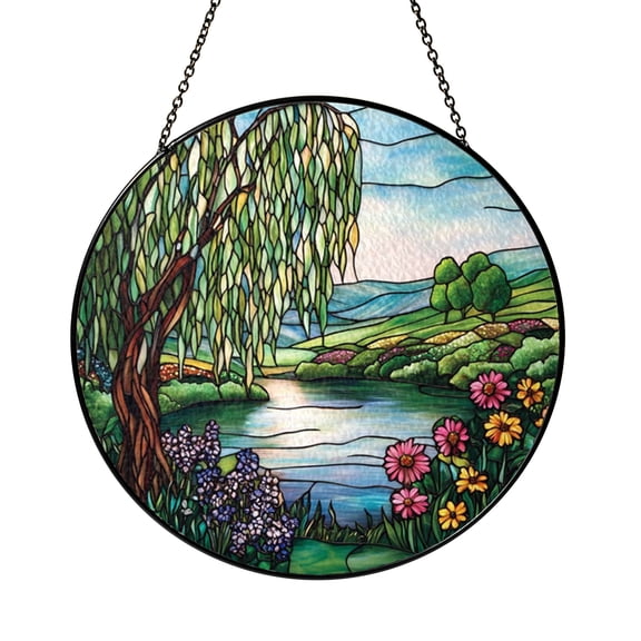 Willow Tree Landscape Stained Glass Style Suncatcher Window Hanging Decor, Round Weeping Willow and Lily Pond Glass Window Panel Art, Decorative Nature Window Ornament for Home