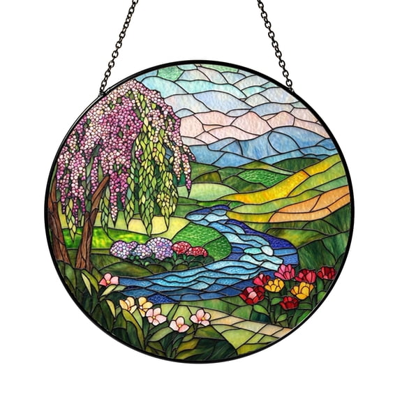 Willow Tree Landscape Stained Glass Suncatcher Window Hanging, Scenic River Valley Round Glass Art Panel, Nature Inspired Window Decor Decorative Hanging Ornament for Home Living Room