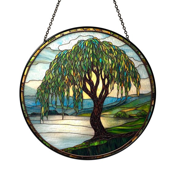 Willow Tree Landscape Theme Fantasy Stained Glass Window Hanging, Decorative Nature Glass Suncatcher Art