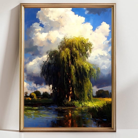 Willow Tree Landscape Wall Art Dramatic Sky Pond Scene Peaceful Nature Home Decor