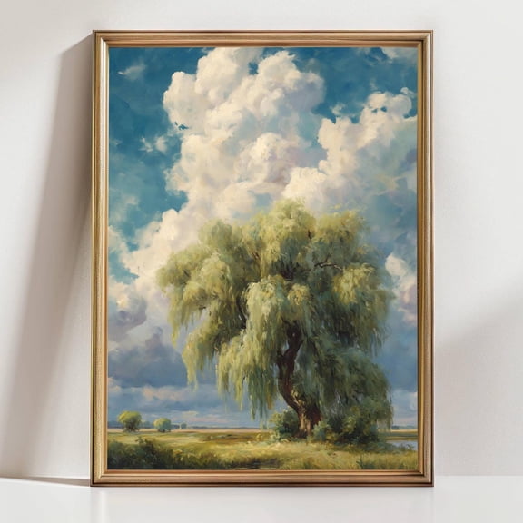 Willow Tree Landscape Wall Art Peaceful Nature Scene Print Serene Tree Cloudy Sky Decor