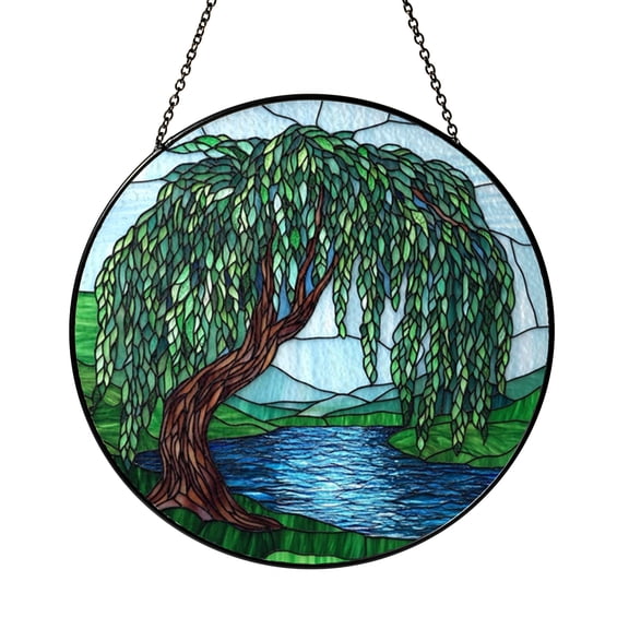 Willow Tree Landscape Window Ornament, Stained Glass Style Christmas Tree Hanging, Peaceful Nature Art
