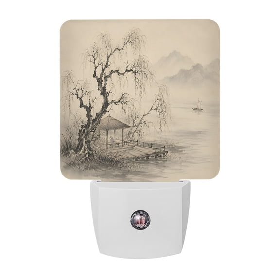 Willow Tree Pavilion Night Lights, Vintage Rustic Zen Beige River Boat Mountain Smart Auto Dusk to Dawn Sensor Nightlights Plug-in Nightlight for Bedroom Bathroom Living Room Kitchen Hallway