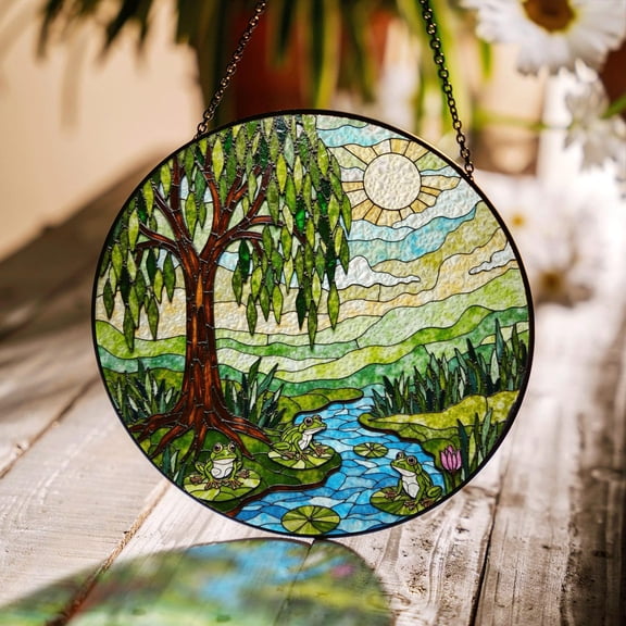 Willow Tree Pond Frogs Glass Suncatcher, Nature Scene Decor, 6.3 in