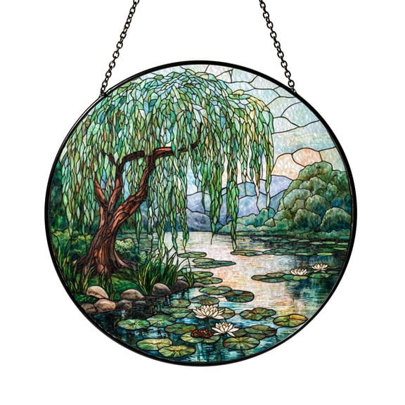 Willow Tree Pond Scene Stained Glass Suncatcher, Nature Window Hanging Mother’s Day Gift