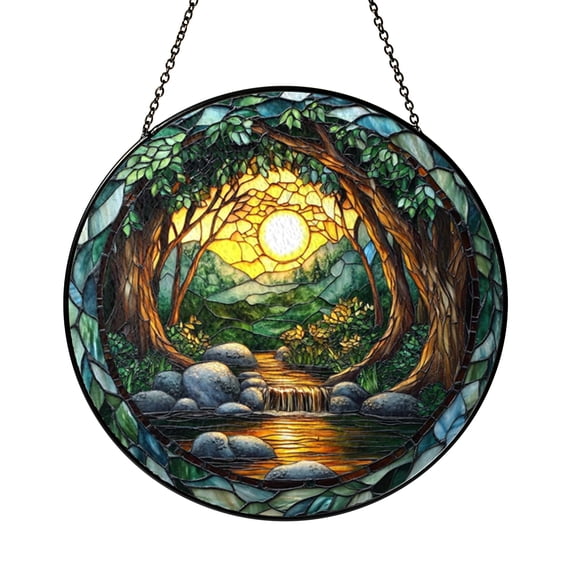 Willow Tree River Stained Glass Suncatcher Window Hanging, Tranquil Nature Art Decor Gift