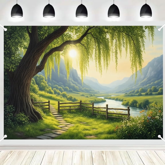 Willow Tree River Valley Nature Scenery Photography Backdrop, Mountain Lawn Path Countryside Photo Background for Outdoor Portrait Shooting 4x6ft