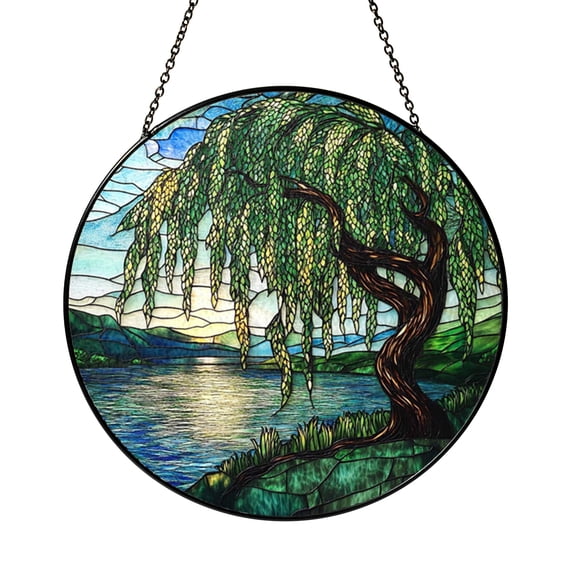 Willow Tree Scene Ornament, Stained Glass Style Christmas Tree Hanging, Calm Landscape Gift