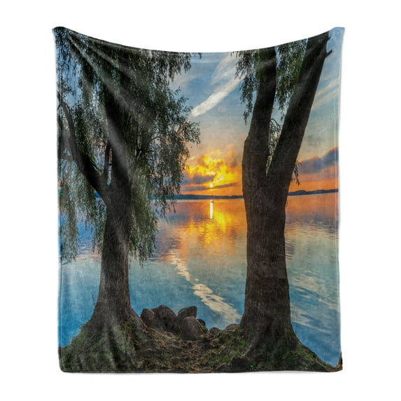 Willow Tree Soft Flannel Fleece Throw Blanket, Dramatic Scenery Nature View Sunrise over the Lake Reflection on the Water, Cozy Plush for Indoor and Outdoor Use, 70" x 90", Multicolor, by Ambesonne