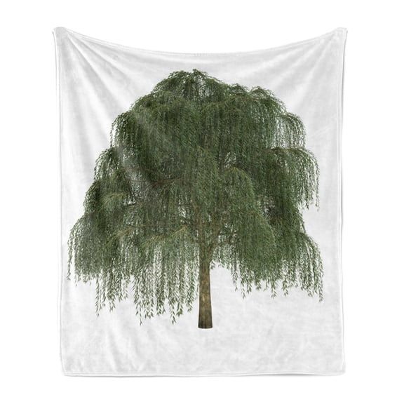 Willow Tree Soft Flannel Fleece Throw Blanket, Weeping Branches with Joyous Leaves Botanical Theme, Cozy Plush for Indoor and Outdoor Use, 60" x 80", Green Olive Green, by Ambesonne
