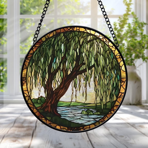 Willow Tree Stained Glass Suncatcher, Tranquil River Landscape Window Hanging, Rustic Nature Home Decor, Gift for Mom