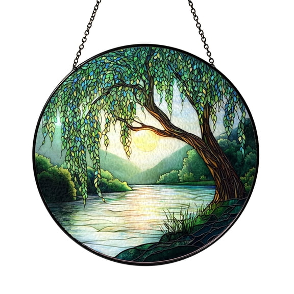 Willow Tree Stained Glass Suncatcher – Tranquil River Window Hanging, Nature Inspired Rustic Home Decor, Serenity Gift for Mom