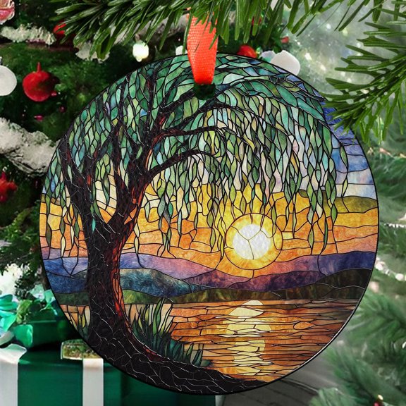 Willow Tree Sunset Glass Suncatcher  Handcrafted Ornament Hanging Panel with Lake Reflection for Window or Garden Decor, 2025, Holiday Decoration, 2025, Festive Home Accent,