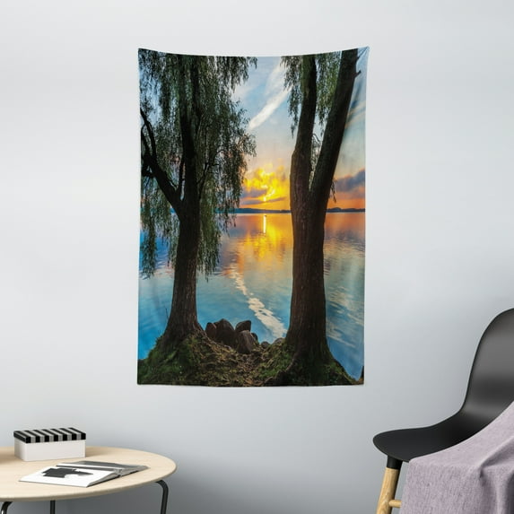 Willow Tree Tapestry, Dramatic Scenery Nature View Sunrise over the Lake Reflection on the Water, Wall Hanging for Bedroom Living Room Dorm Decor, 40"W X 60"L, Multicolor, by Ambesonne