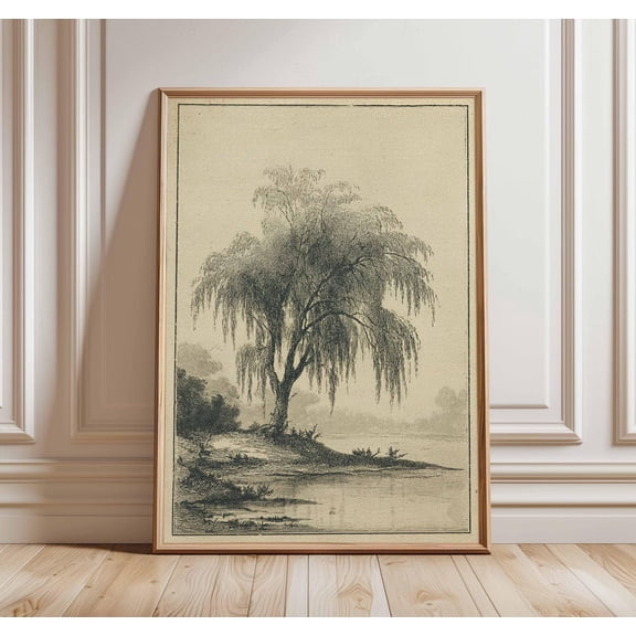 Willow Tree Vintage Landscape Rustic Nature Black and White Country Scene Unframed Paper Print