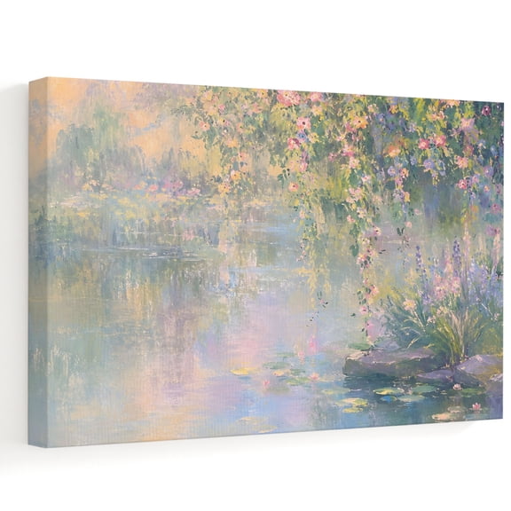 Willow Tree Water Lily Canvas Wall Art, French Country Pink Flowers Blue Pond Wall Art Prints Artwork Framed Canvas Ready to Hang Art Pictures for Bathroom, Dressing Table, Entryway 12" x 8"