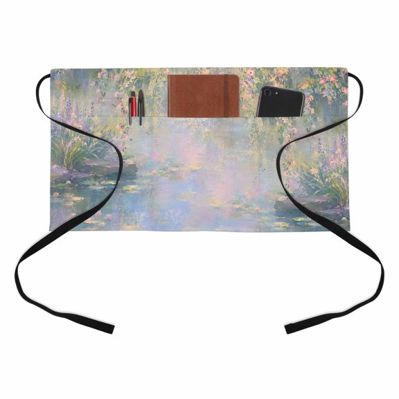 Willow Tree Water Lily Kitchen Restaurant Half Waist Apron, French Country Pink Flowers Blue Pond Server Short Apron with 3 Pockets Waterproof Oil Waist Aprons for Women Waitress Waiter