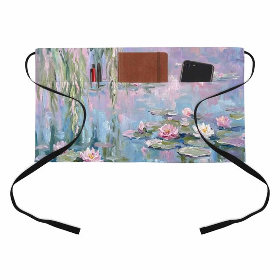 Willow Tree Water Lily Kitchen Restaurant Half Waist Apron, Rustic Pond Lakeside Pink Green Landscape Server Short Apron with 3 Pockets Waterproof Oil Waist Aprons for Women Waitress Waiter