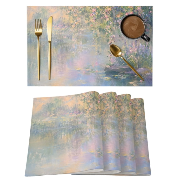 Willow Tree Water Lily Placemats Set of 8, French Country Pink Flowers Blue Pond Non-Slip Place Mats Washable Table Mats for Kitchen Dining Table Decorations Indoor/Outdoor