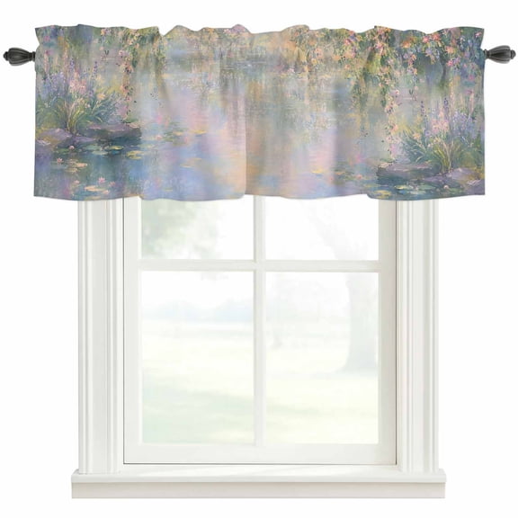 Willow Tree Water Lily Valances for Windows 42 x 12in French Country Pink Flowers Blue Pond Rod Pocket Kitchen Valance Curtain Light Filtering Window Treatments for Living Room Bedroom, 1 Panel
