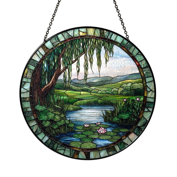 Willow Tree and Lily Pond Scene Window Suncatcher, Stained Glass Style Nature Hanging Decor, Meaningful Gift for Mom or Mother’s Day