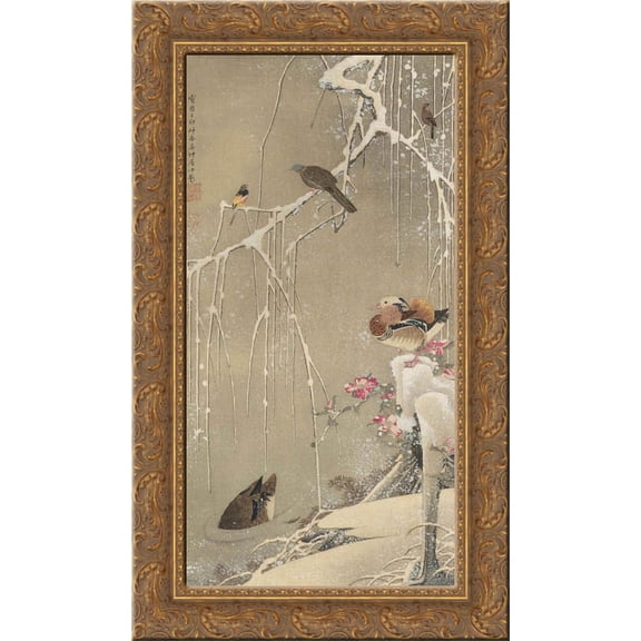 Willow Tree and Mandarin Ducks in the Snow 24x16 Gold Ornate Wood Framed Canvas Art by Ito Jakuchu
