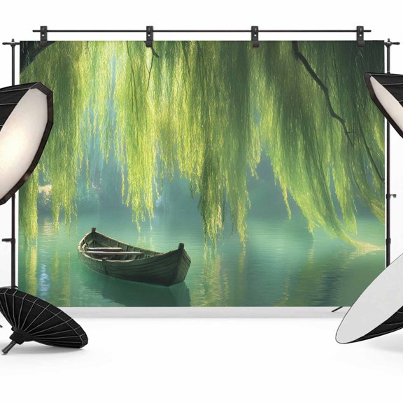 Willow Whispering Leaves Photography Backdrop 7x5FT, Boat Green Lake Plant Photo Backdrops, Background for Photography Studio Photo Studio Background, Back Drop for Photoshoot